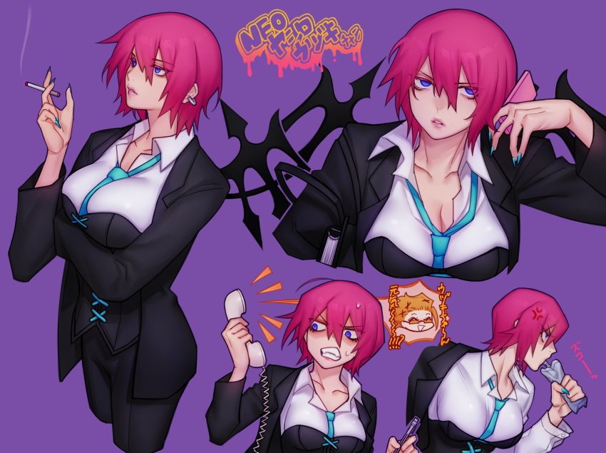 1boy, 1girl, anger_vein, black_suit, black_wings, blue_eyes, blue_nails, bottle