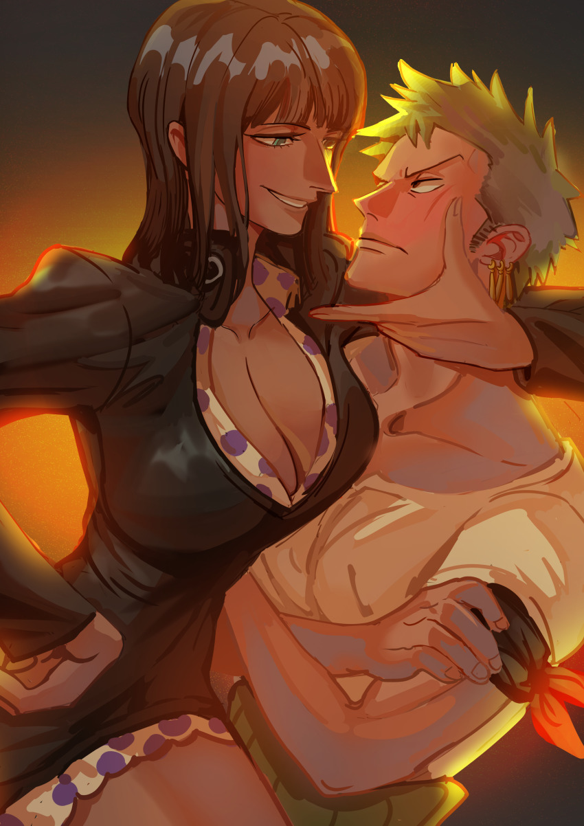 1boy, 1girl, absurdres, arm_around_neck, assertive_female, backlighting, bare_arms, black_hair