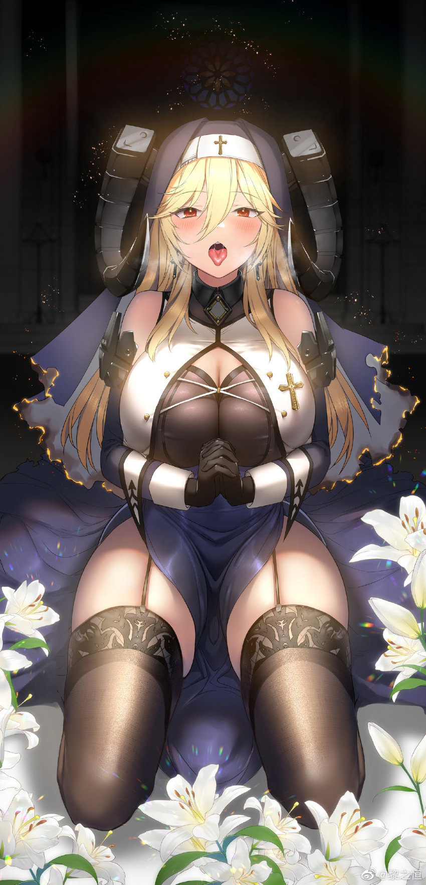 1girl, alma_(artery_gear), artery_gear, artery_gear:_fusion, bare_shoulders, black_gloves, black_thighhighs, blonde_hair