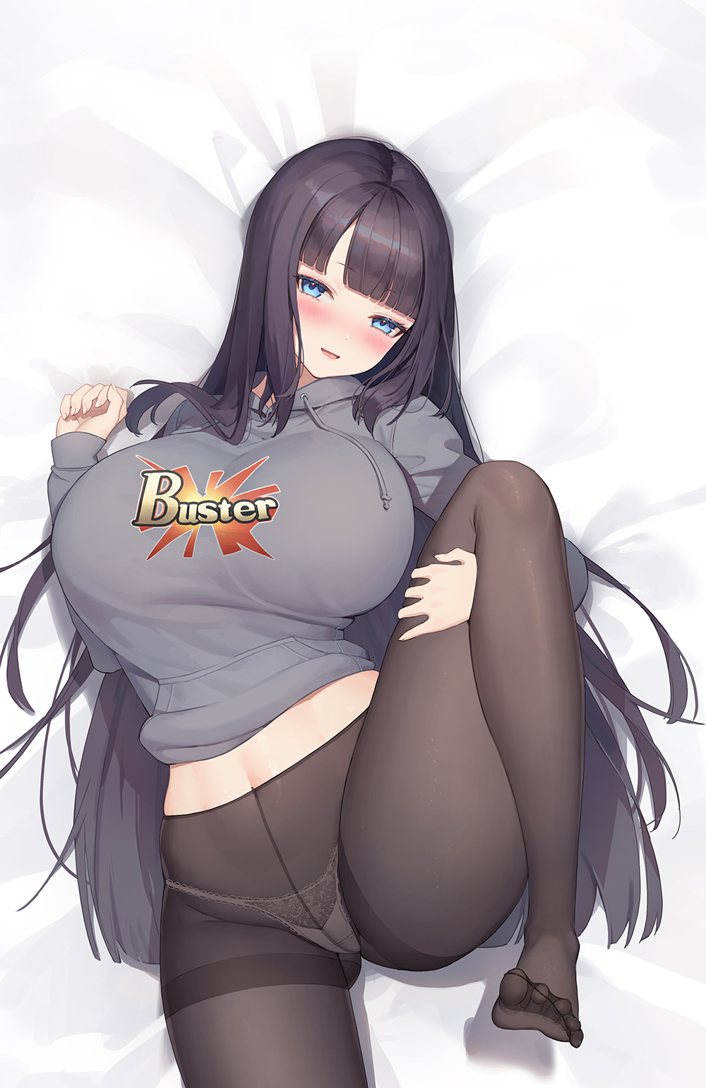1girl, alternate_breast_size, alternate_hairstyle, black_pantyhose, blue_eyes, blush, breasts, buster_shirt