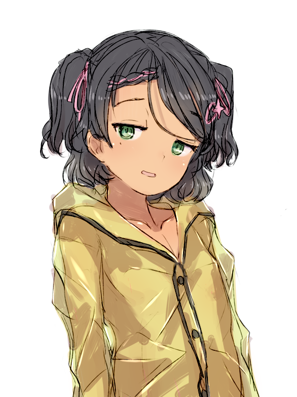 1girl, alchera, black_hair, braid, commentary_request, flat_chest, green_eyes, kantai_collection, looking_at_viewer, mole, mole_under_eye, naked_raincoat, parted_lips, raincoat, scirocco_(kancolle), scirocco_(rainy_season)_(kancolle), short_hair, simple_background, solo, tan, two_side_up, upper_body, white_background, yellow_raincoat