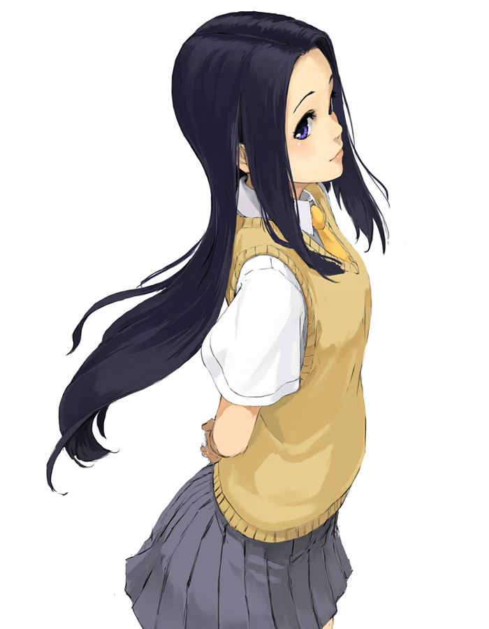 00s, 1girl, black_hair, female_focus, kuroko_(piii), long_hair, purple_eyes, school_uniform