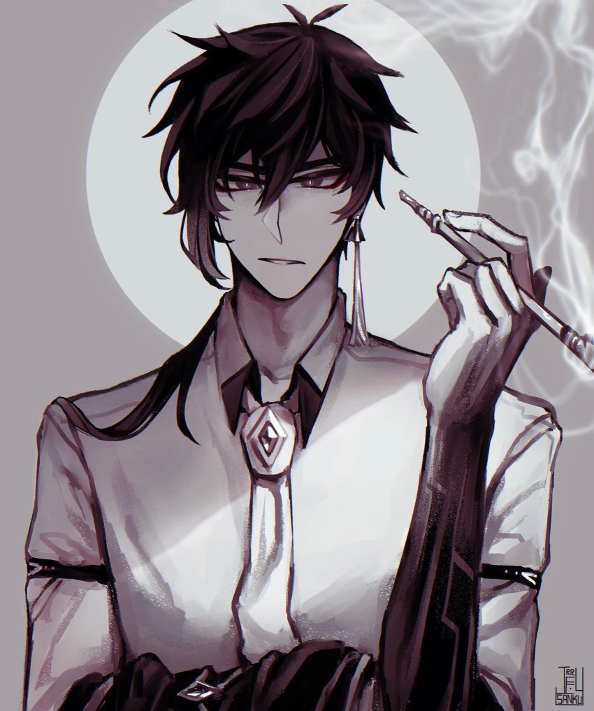 1boy, arm_garter, arm_tattoo, collared_shirt, commentary, dkjr, earrings, english_commentary