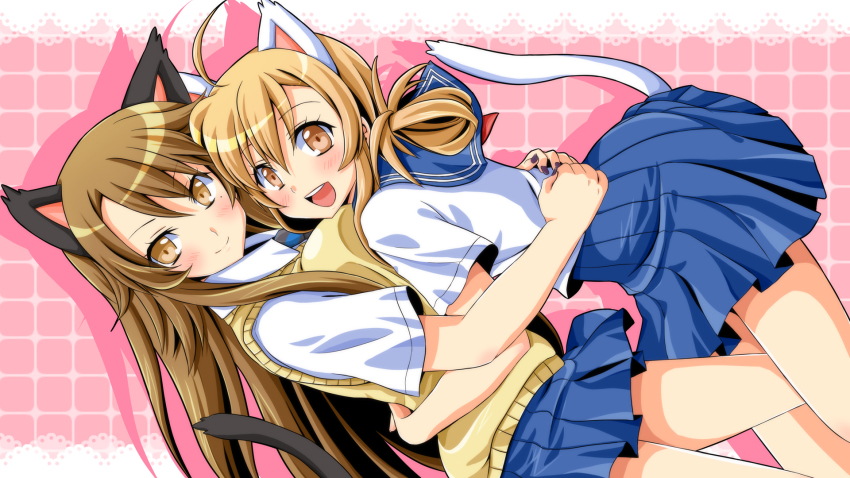 00s, 2girls, animal_ears, blonde_hair, blush, brown_eyes, brown_hair, cat_ears