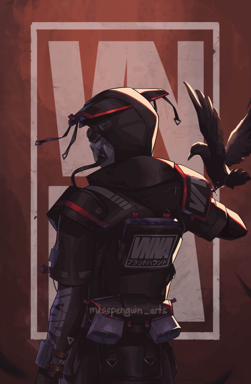 1other, animal_on_arm, apex_legends, artist_name, bird, bird_on_arm, black_jacket, bloodhound_(apex_legends)