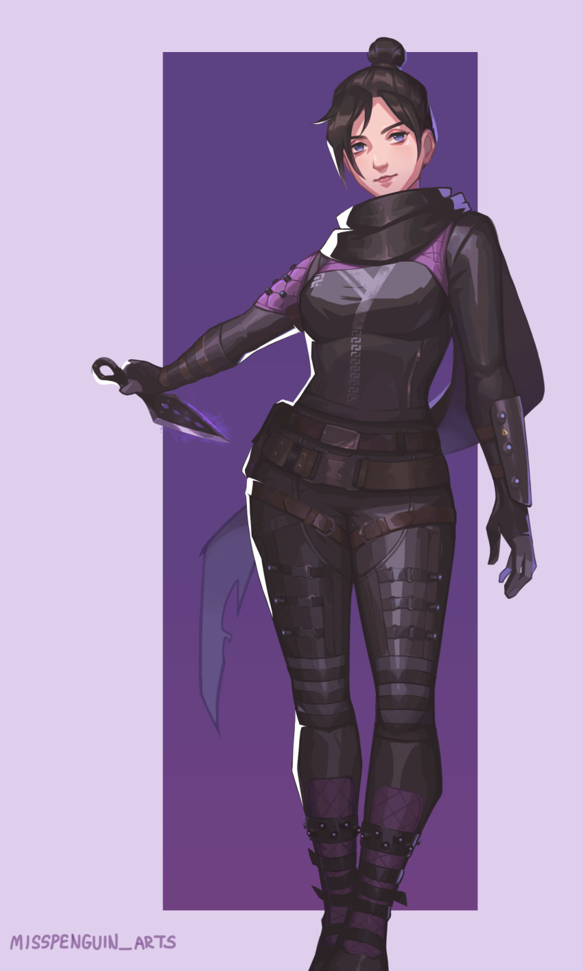 1girl, absurdres, apex_legends, artist_name, belt, black_bodysuit, black_hair, black_scarf, blue_eyes, bodysuit, breasts, brown_belt, commentary, english_commentary, hair_behind_ear, hair_bun, head_tilt, highres, holding, holding_knife, hope's_dusk_(apex_legends), knife, kunai, looking_at_viewer, medium_breasts, miss_penguin, open_hand, scarf, single_hair_bun, smile, solo, weapon, wide_hips, wraith_(apex_legends)