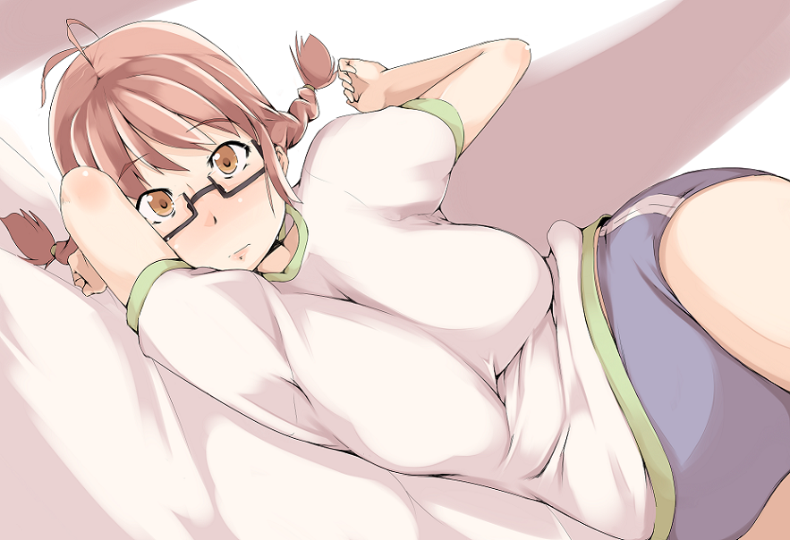 00s, 1girl, akizuki_ritsuko, braid, breasts, brown_eyes, brown_hair, buruma, female_focus, glasses, gym_uniform, idolmaster, idolmaster_(classic), large_breasts, lying, on_side, solo, twin_braids, xo160