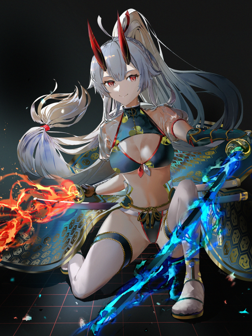 1girl, bikini, blue_bikini, blue_fire, breasts, cleavage, cleavage_cutout, clothing_cutout