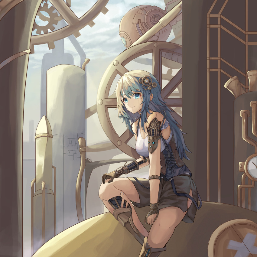 1girl, absurdres, android, blue_eyes, blue_hair, cable, commentary_request, corset