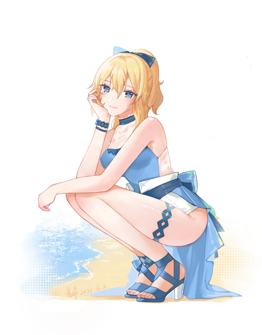 1girl, bare_arms, bare_shoulders, beach, blonde_hair, blouse, bow, casual