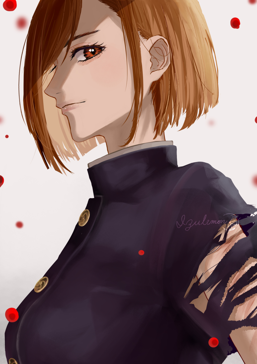 1girl, absurdres, artist_name, black_jacket, brown_eyes, brown_hair, closed_mouth, from_side