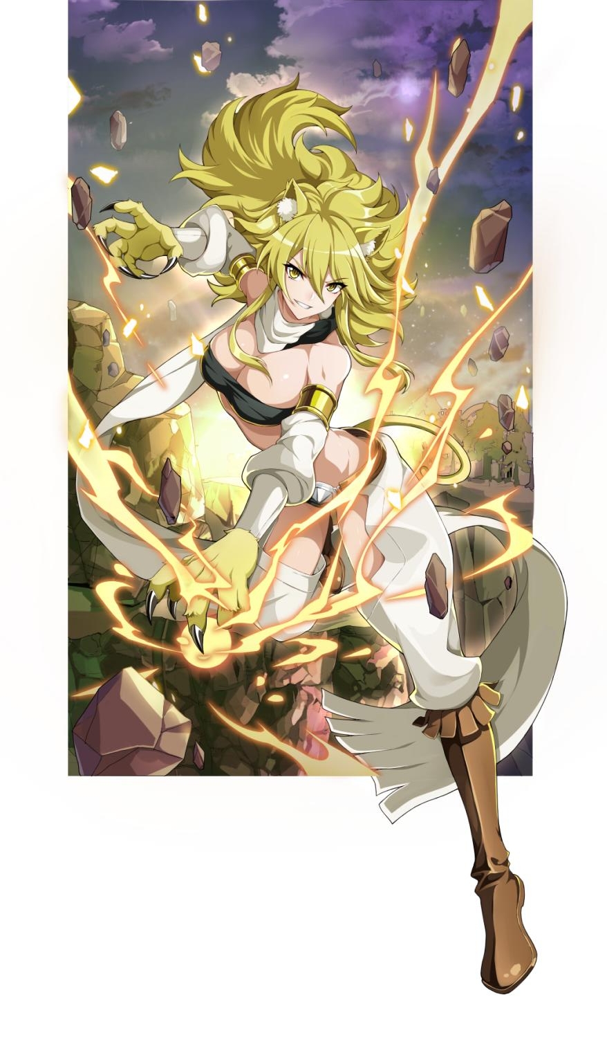 1girl, akame_ga_kill!, animal_ear_fluff, animal_ears, bandeau, black_bandeau, black_panties, blonde_hair