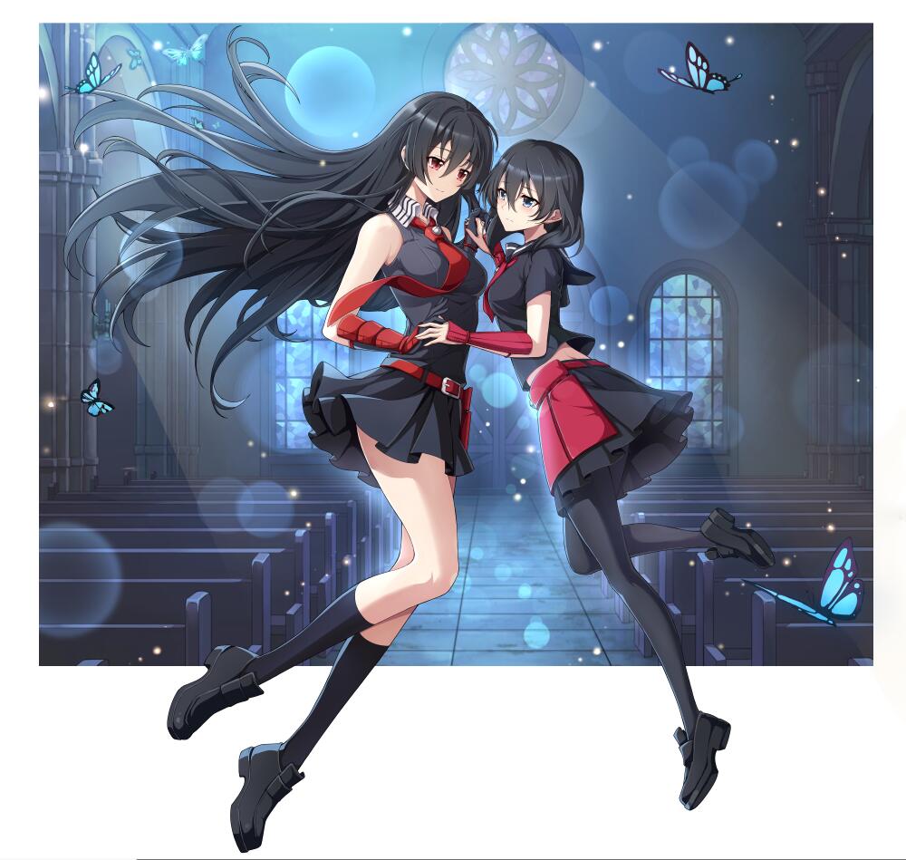 2girls, akame_(akame_ga_kill!), akame_ga_kill!, belt, belt_buckle, black_dress, black_footwear, black_gloves