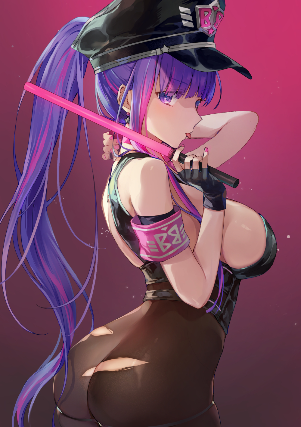 1girl, :p, ass, bb_(fate), bb_(fate/extra), black_gloves, black_hat, blunt_bangs