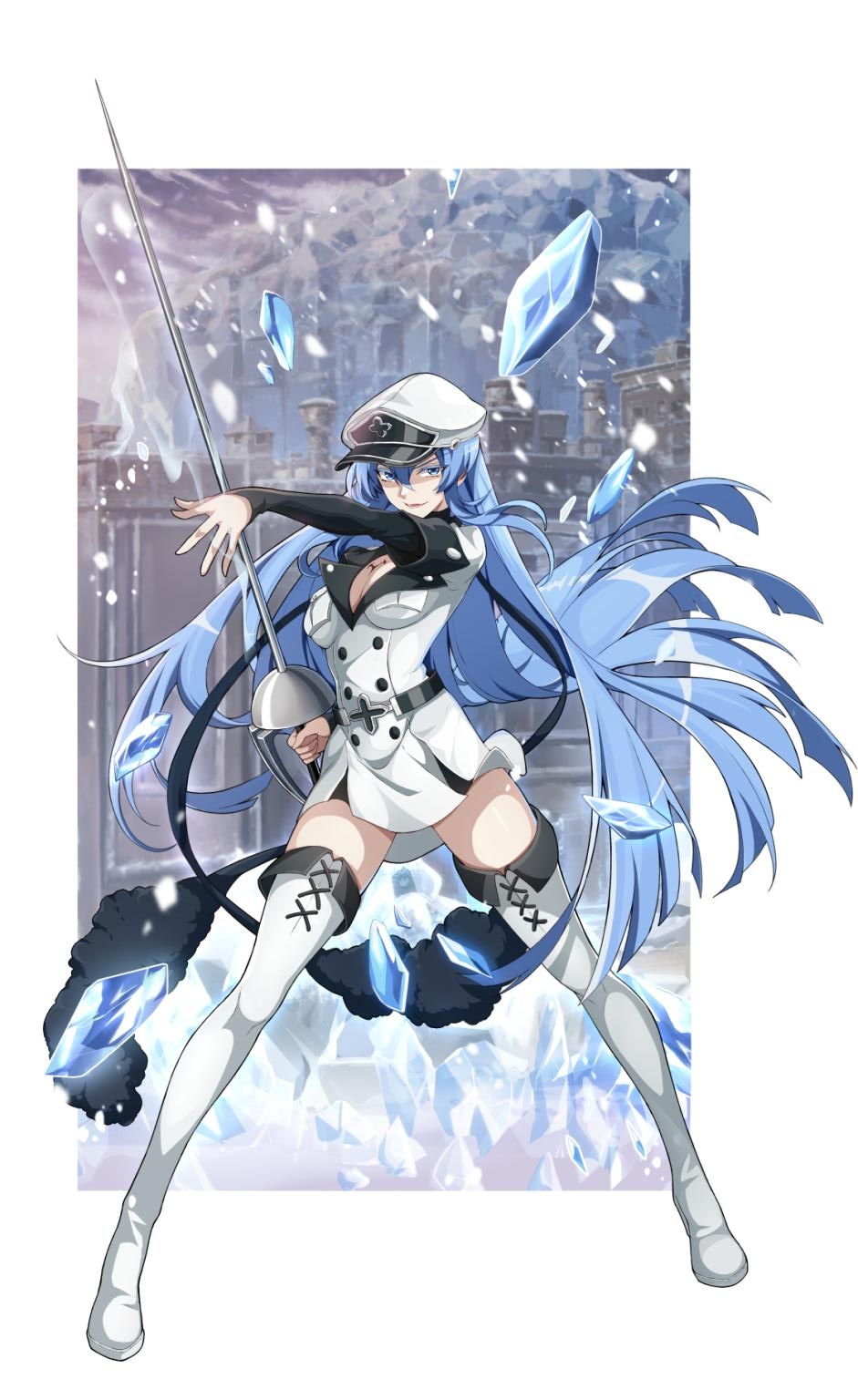 1girl, akame_ga_kill!, black_sleeves, blue_eyes, blue_hair, boots, border, breasts, cleavage, dress, esdeath, floating_hair, full_body, hair_between_eyes, hat, highres, holding, holding_weapon, k12io, long_hair, long_sleeves, looking_at_viewer, medium_breasts, military, military_hat, military_uniform, open_mouth, rapier, short_dress, smile, snowing, solo, standing, sword, thigh_boots, thighhighs, very_long_hair, weapon, white_border, white_dress, white_hat, zettai_ryouiki