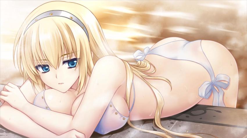 1girl, ass, bent_over, bikini, blonde_hair, blue_eyes, breast_press, breasts, cleavage, closed_mouth, collarbone, covered_erect_nipples, crossed_arms, game_cg, grey_hairband, hair_between_eyes, hairband, irisdina_bernhard, large_breasts, long_hair, muv-luv, muv-luv_alternative, muv-luv_alternative_strike_frontier, official_art, ribbon, side-tie_bikini_bottom, sideboob, solo, swimsuit, very_long_hair, white_bikini, white_ribbon