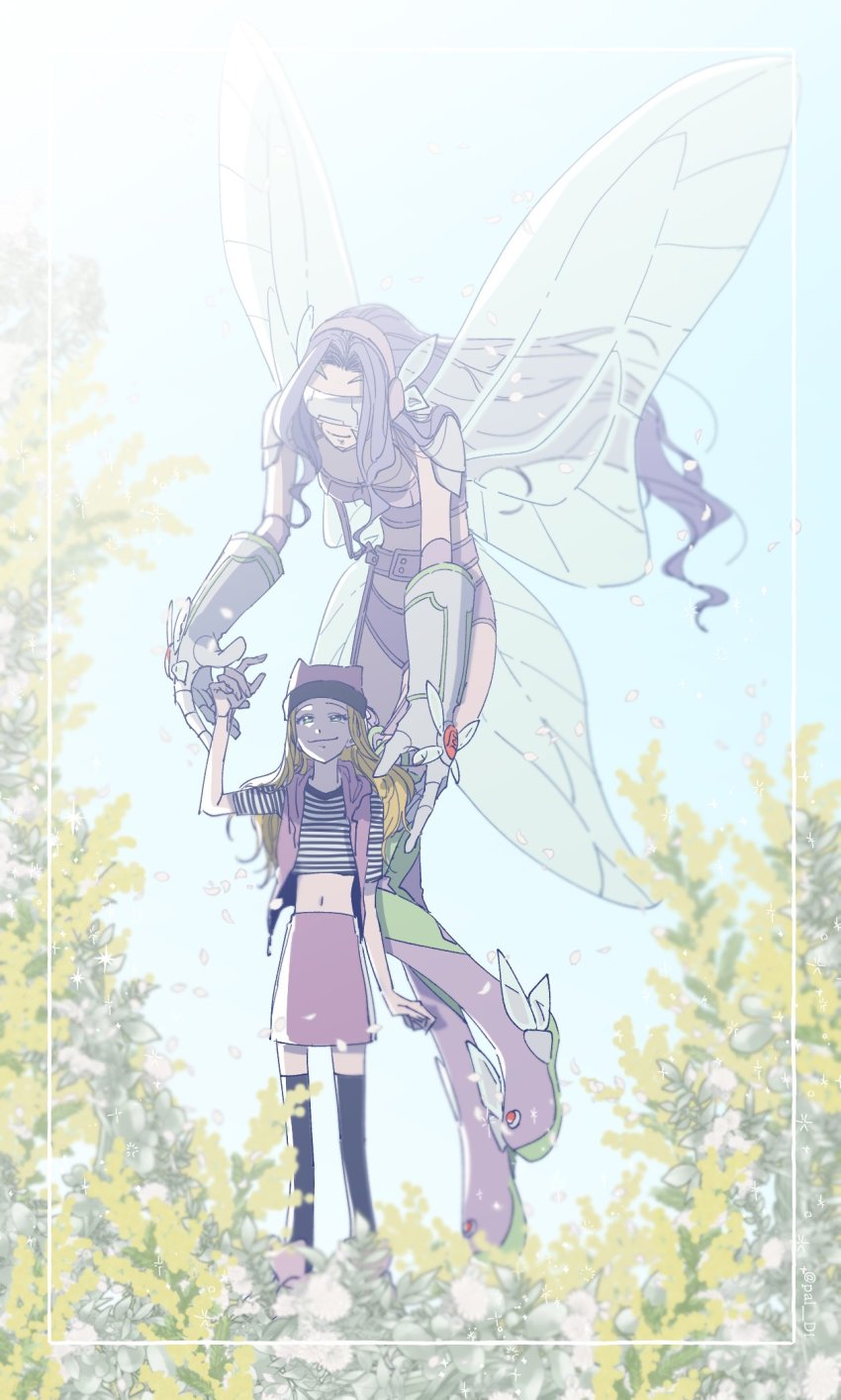2girls, blonde_hair, butterfly_wings, digimon, digimon_(creature), digimon_frontier, dual_persona, fairimon, fairy, highres, insect_wings, long_hair, mask, multiple_girls, orimoto_izumi, purple_cap, purple_hair, purple_skirt, shirt, skirt, smile, striped_clothes, striped_shirt, visor, wings