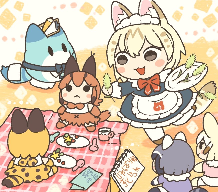 1girl, :3, alternate_costume, animal_ears, animal_print, apron, black_dress, blonde_hair