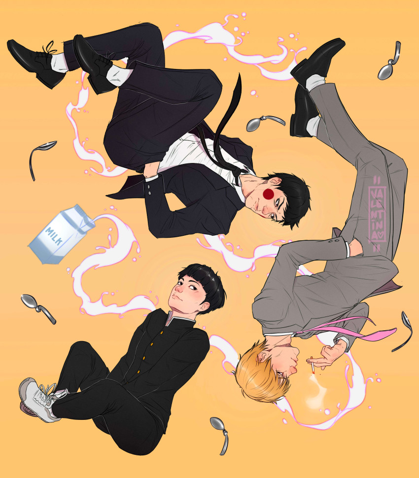 3boys, absurdres, bent_spoon, between_legs, black_eyes, black_footwear, black_hair, black_pants
