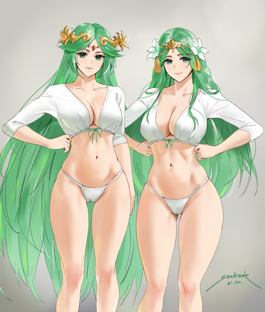 2021, 2girls, artist_name, blouse, blush, breasts, cameltoe, cleavage, collarbone, color_connection, dated, diadem, female_focus, fire_emblem, fire_emblem:_three_houses, flower, green_eyes, green_hair, grey_background, hair_color_connection, hair_flower, hair_ornament, highres, kid_icarus, large_breasts, long_hair, look-alike, looking_at_viewer, matching_hair/eyes, multiple_girls, navel, nintendo, palutena, panties, parted_bangs, rhea_(fire_emblem), sendo_(sendrawz), shirt, signature, simple_background, skindentation, smile, standing, thighs, trait_connection, underwear, very_long_hair, white_panties, white_shirt