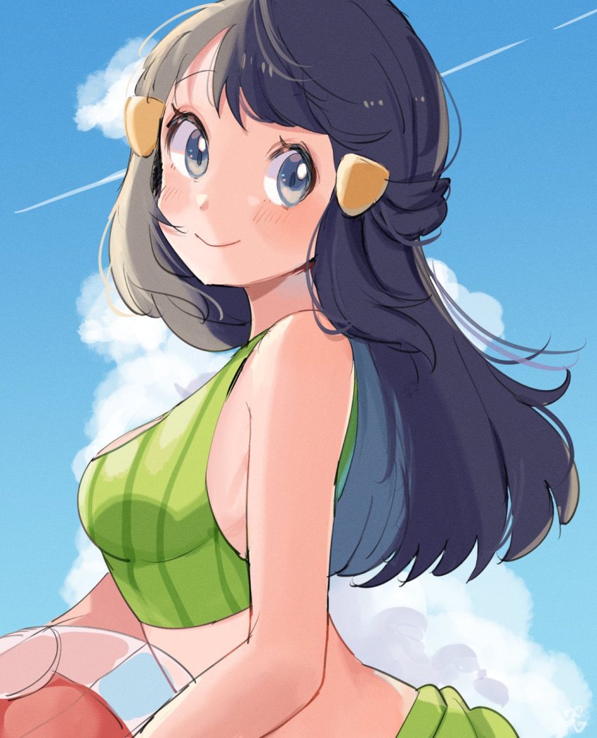 1girl, alternate_costume, ball, bare_arms, beachball, bikini, black_hair, blush