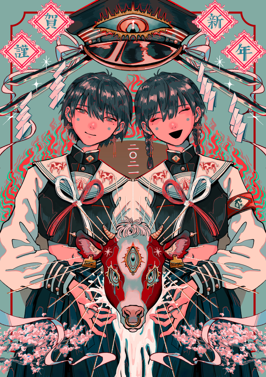 2021, 2girls, absurdres, armband, bell, black_hair, black_shirt, blouse