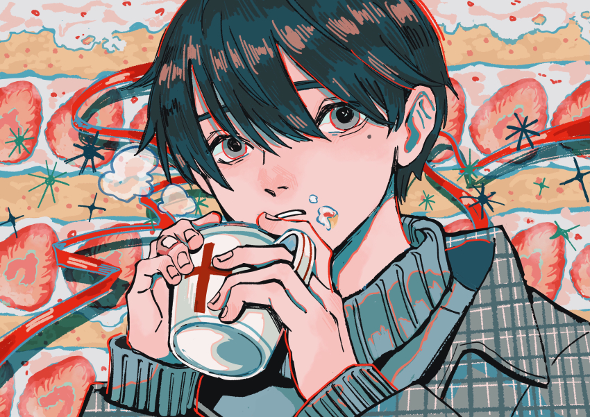 1boy, absurdres, bandaid, bandaid_on_hand, black_hair, cake, commentary_request, cream
