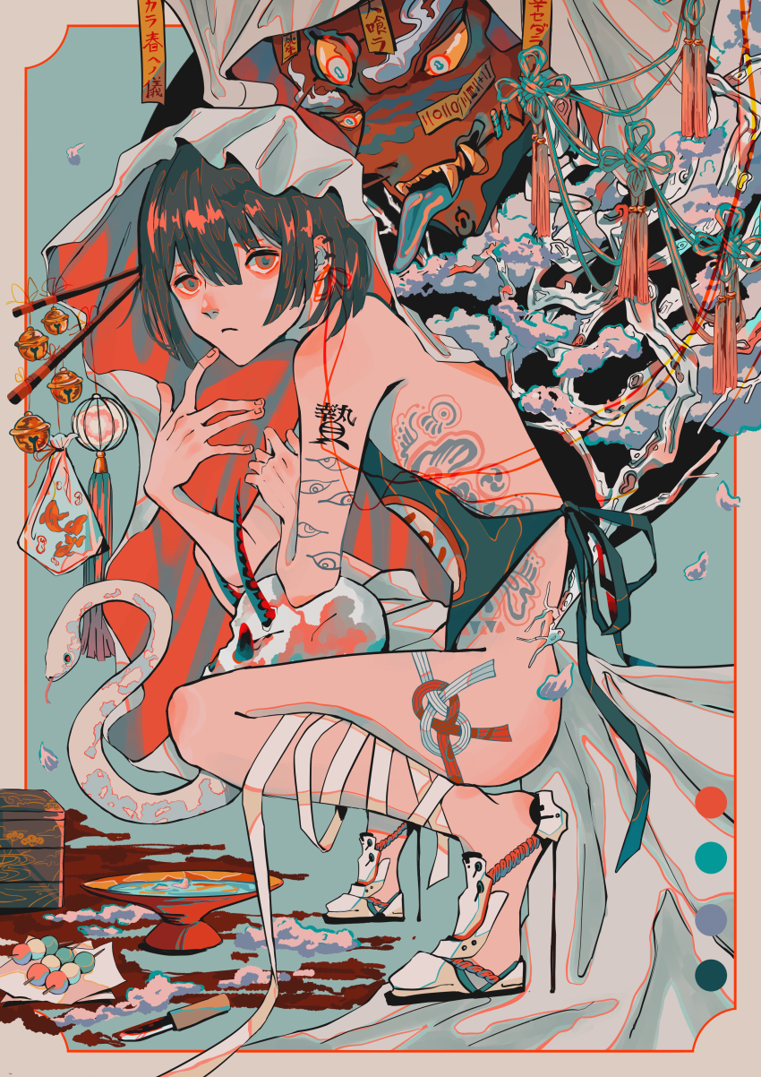 1girl, 1other, absurdres, apron, arm_tattoo, bag, bagged_fish, bandaged_leg