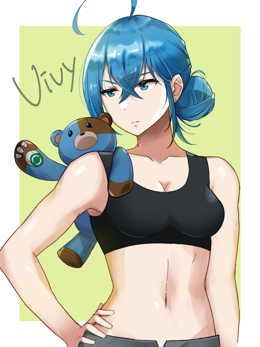 1girl, 1other, ahoge, akane_(akanene928), blue_eyes, blue_hair, hand_on_own_hip, highres