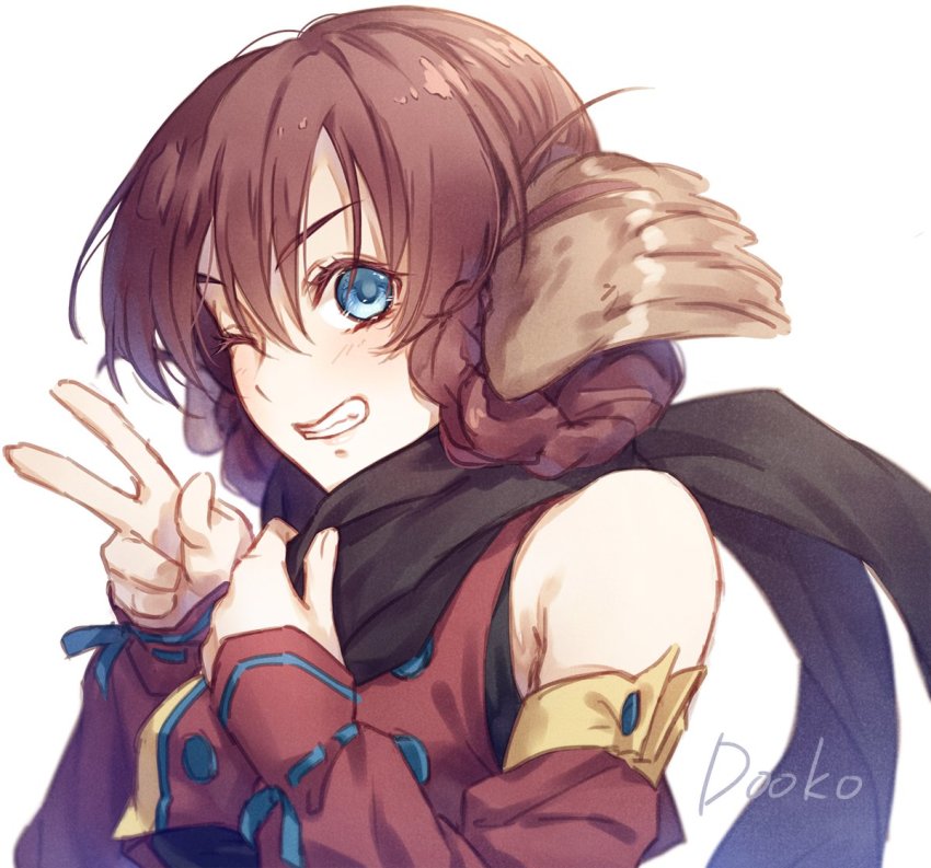 1girl, aquaplus, black_scarf, blue_eyes, braid, dookoco, eyelashes, fang