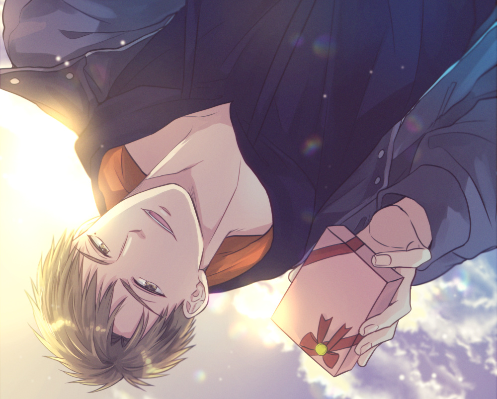 1boy, brown_eyes, brown_hair, gift, holding, holding_gift, izumi_yuuki_(yubinetsu), jacket