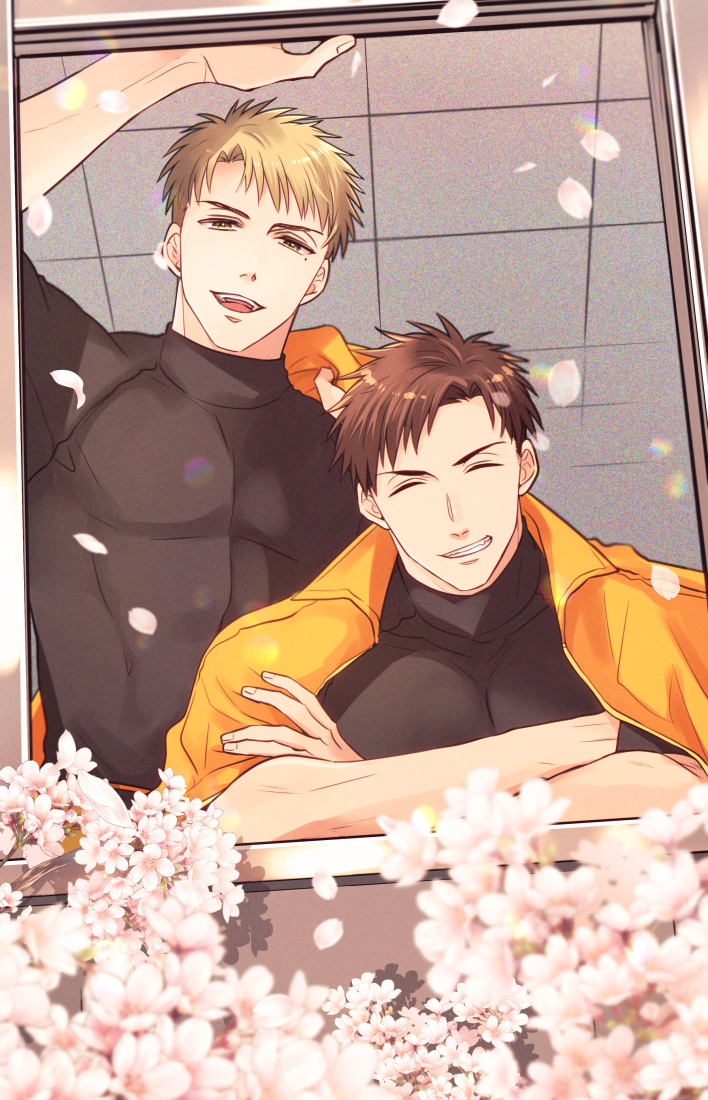 2boys, arm_up, blonde_hair, brown_hair, crossed_arms, facing_viewer, izumi_yuuki_(yubinetsu), mizuno_souma