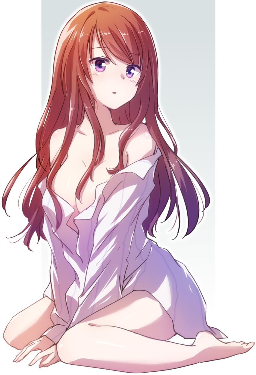 1girl, barefoot, breasts, brown_hair, cleavage, fujihashi_ryou, highres, long_hair, nyaa_(nnekoron), simple_background, sitting, solo, wariza, yubisaki_kara_no_honki_no_netsujou