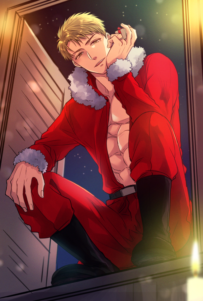 1boy, abs, black_footwear, blonde_hair, gift, hand_up, izumi_yuuki_(yubinetsu), looking_at_viewer