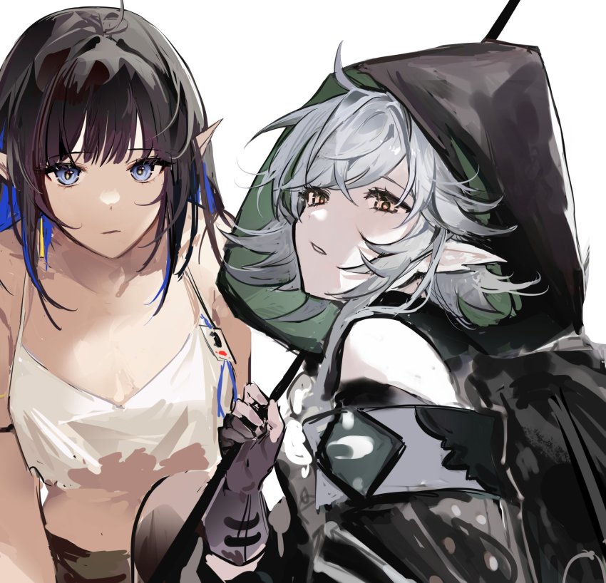 2girls, arknights, black_gloves, black_hair, black_jacket, blue_eyes, blue_hair, commentary