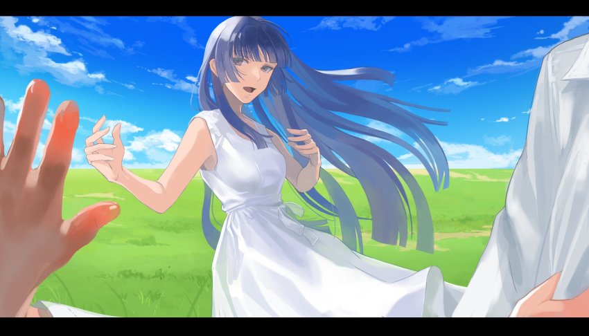 1girl, blue_hair, character_request, chuuouku, dress, highres, hypnosis_mic, long_dress
