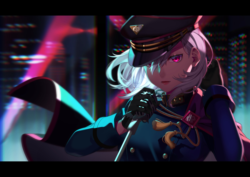 1girl, absurdres, aohitsugi_nemu, chuuouku, highres, hypnosis_mic, microphone_stand, military, military_uniform, purple_eyes, tagme, white_hair