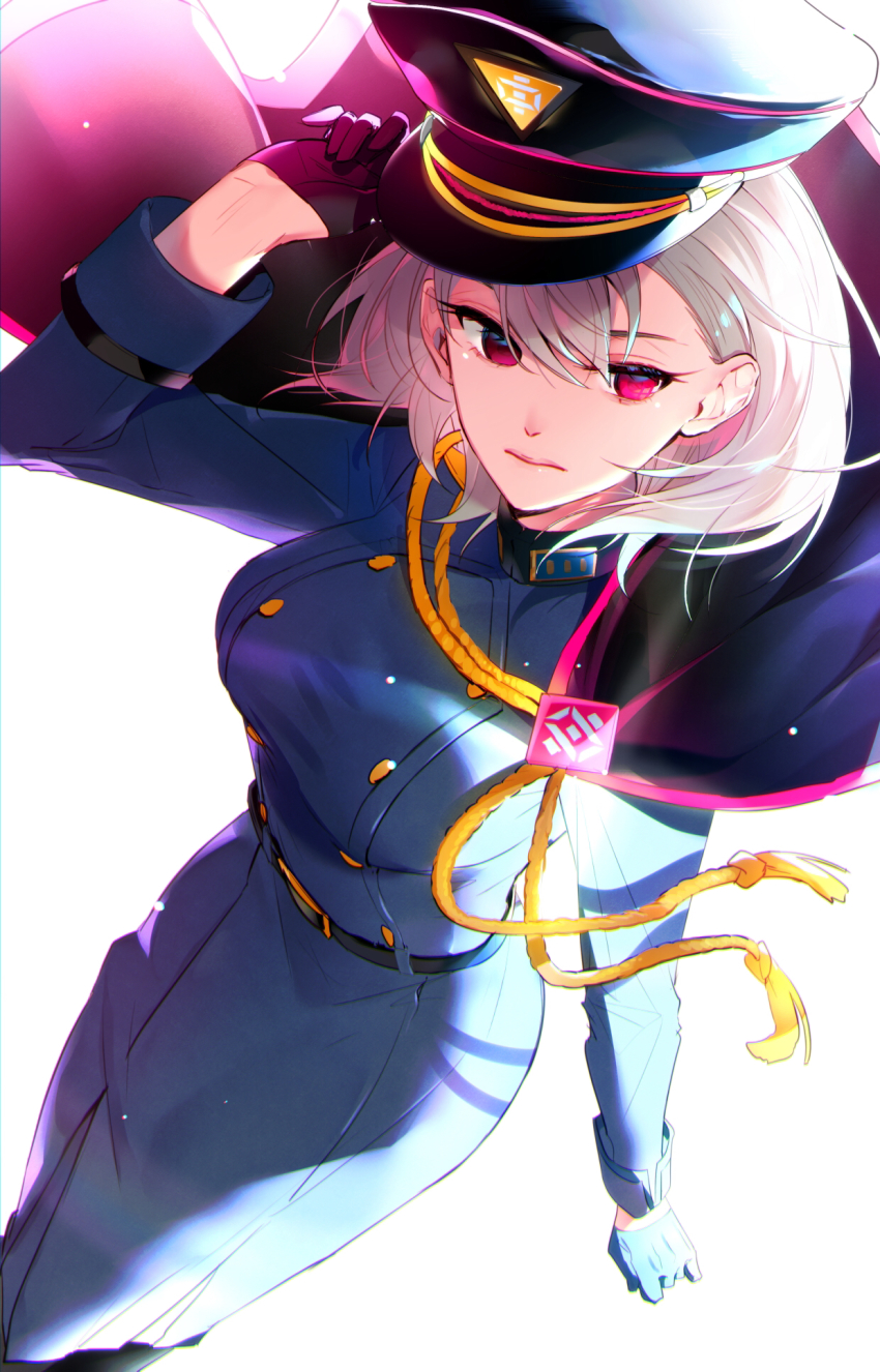 1girl, aohitsugi_nemu, breasts, chuuouku, cloak, gloves, highres, hypnosis_mic, large_breasts, military, military_uniform, purple_eyes, short_hair, simple_background, white_hair