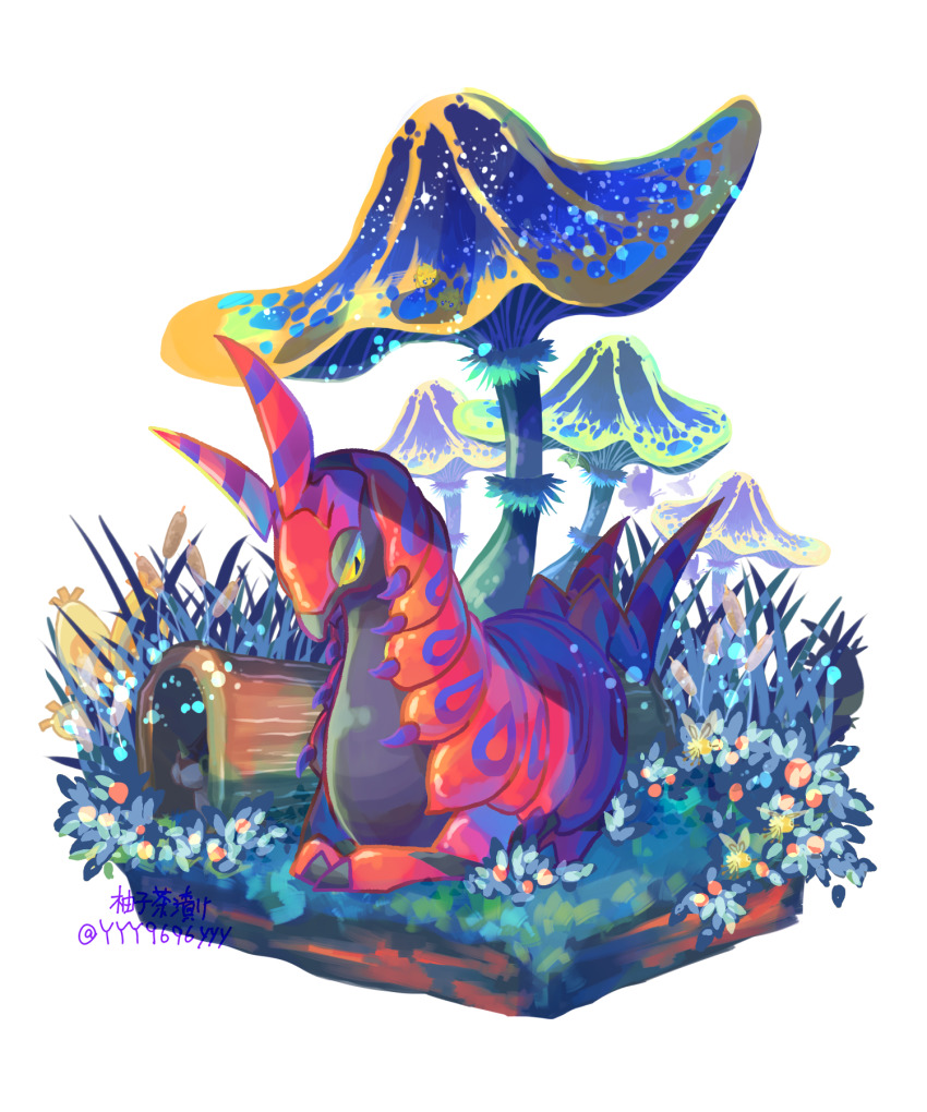 closed_mouth, commentary_request, gen_3_pokemon, gen_5_pokemon, giant_mushroom, grass, highres, hollow_log