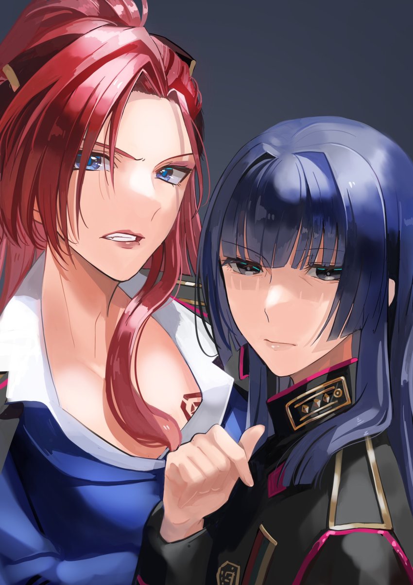 2girls, blue_hair, breasts, character_request, chuuouku, highres, hypnosis_mic, kadenokoji_ichijiku