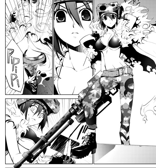 2girls, belt, breasts, camouflage, cleavage, fur, greyscale, gun