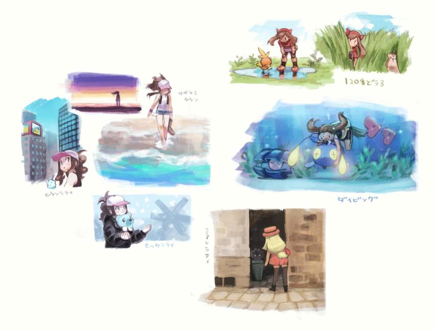 3girls, air_bubble, alley, alternate_costume, bandana, bare_arms, baseball_cap, bike_shorts, black_footwear, black_hoodie, black_vest, blonde_hair, blue_eyes, blush, boots, brown_hair, brown_legwear, bubble, burakku_mutou, chinchou, clamperl, closed_eyes, closed_mouth, commentary_request, cubchoo, espurr, eyelashes, furret, gen_2_pokemon, gen_3_pokemon, gen_5_pokemon, gen_6_pokemon, gloves, glowing, goggles, grass, hat, highres, hilda_(pokemon), hoenn_route_120, holding, holding_boots, holding_footwear, holding_pokemon, holding_unworn_clothes, hood, hoodie, leaning_forward, long_hair, luvdisc, may_(pokemon), multiple_girls, multiple_views, nintendo, pleated_skirt, pokemon, pokemon_(creature), pokemon_black_and_white, pokemon_ruby/sapphire/emerald, pokemon_x_and_y, puddle, red_bandana, red_shirt, serena_(pokemon), shirt, shoes, short_sleeves, sidelocks, skirt, smile, socks, standing, tall_grass, thighhighs, torchic, translation_request, underwater, unworn_boots, vest, wading, water, white_skirt