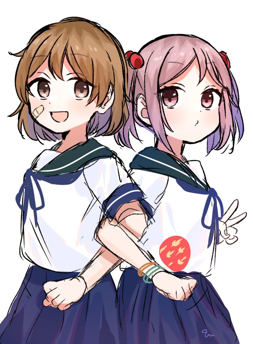 2girls, back-to-back, badge, bandaid, bandaid_on_face, blue_sailor_collar, blue_skirt, brown_eyes