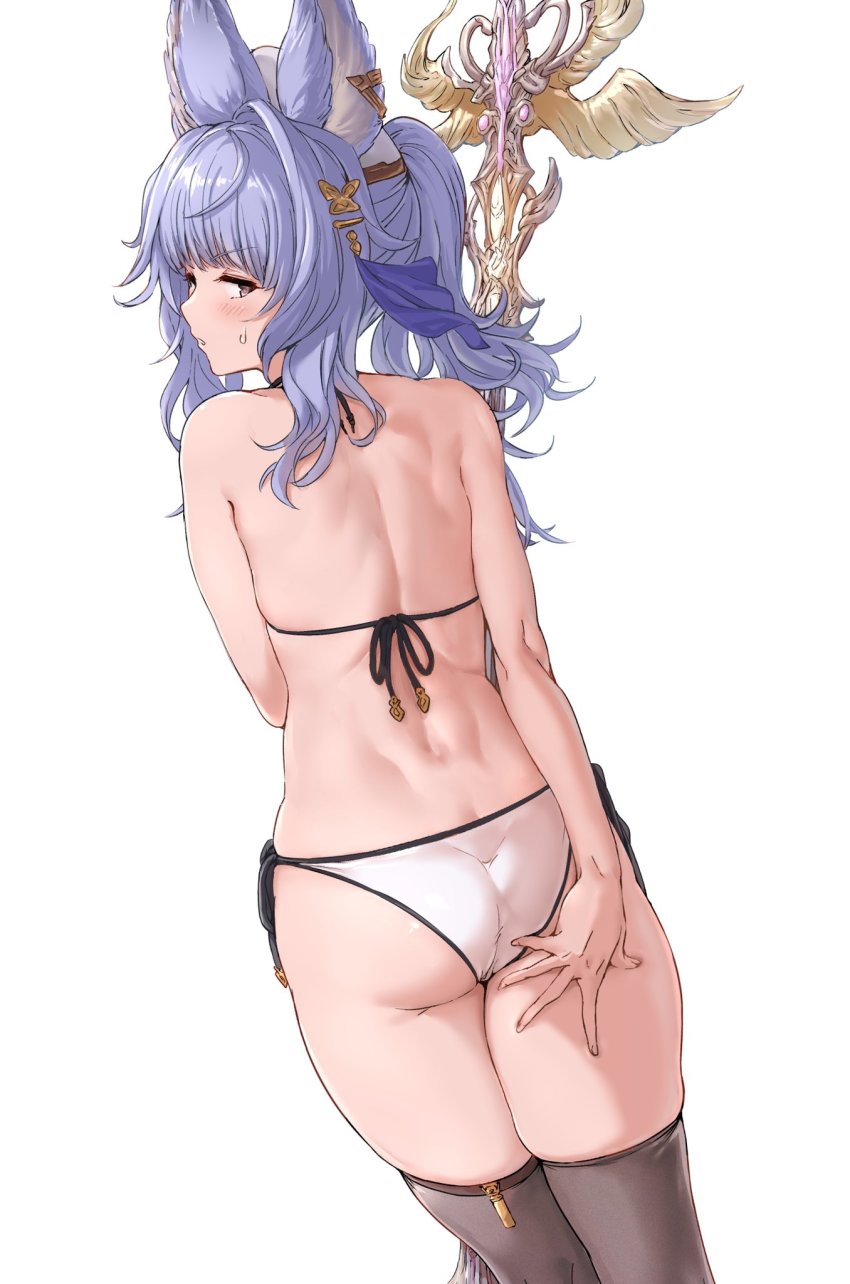 1girl, akita_hika, animal_ears, ass, back, bikini, black_thighhighs, blush, butt_crack, duplicate, earclip, erune, from_behind, granblue_fantasy, hair_ornament, halterneck, hat, highres, looking_at_viewer, looking_back, ponytail, rabbit_ears, side-tie_bikini_bottom, skindentation, solo, staff, string_bikini, swimsuit, thighhighs, tikoh