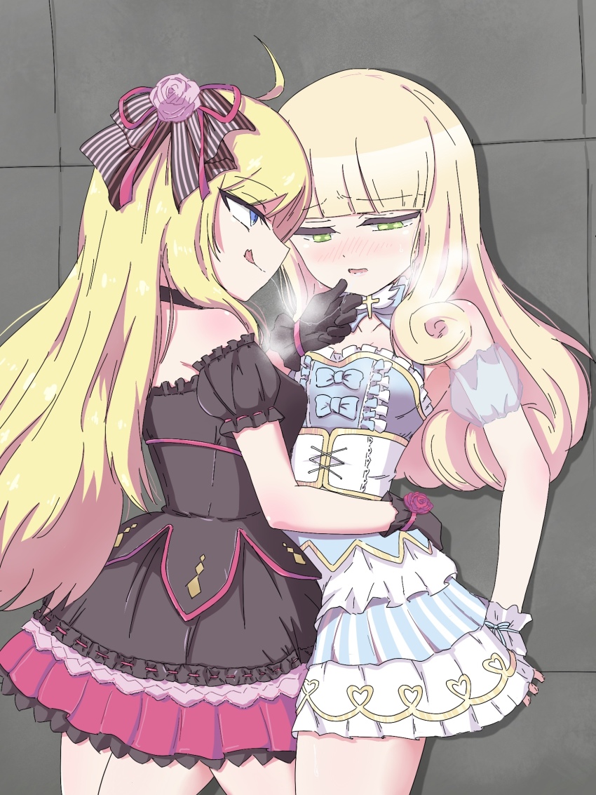 2girls, after_kiss, bare_shoulders, blonde_hair, blue_eyes, blush, breasts, dress