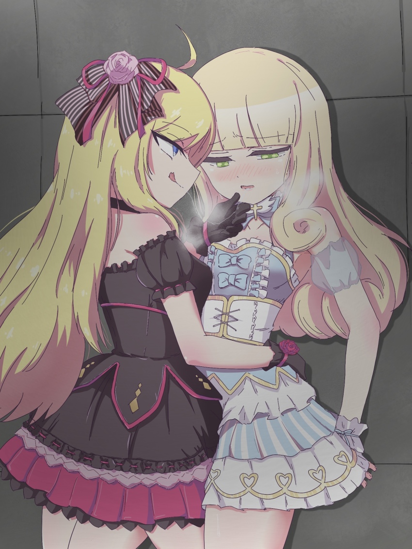 2girls, bare_shoulders, blonde_hair, blue_eyes, blush, breasts, dress, frilled_dress, frills, gothic_lolita, green_eyes, hair_ornament, hair_ribbon, highres, jashin-chan, jashin-chan_dropkick, kiss, lchiyoshi, lolita_fashion, long_hair, multiple_girls, open_mouth, poporon_(jashin-chan_dropkick), ribbon, saliva, saliva_trail, small_breasts, smile, yuri