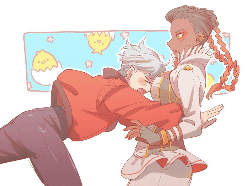 >_<, 2girls, animification, apex_legends, baby_animal, between_breasts, bird, black_pants