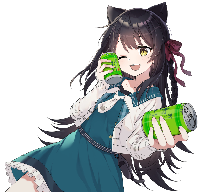 1girl, ;d, animal_ears, black_hair, blue_dress, bow, can, cat_ears