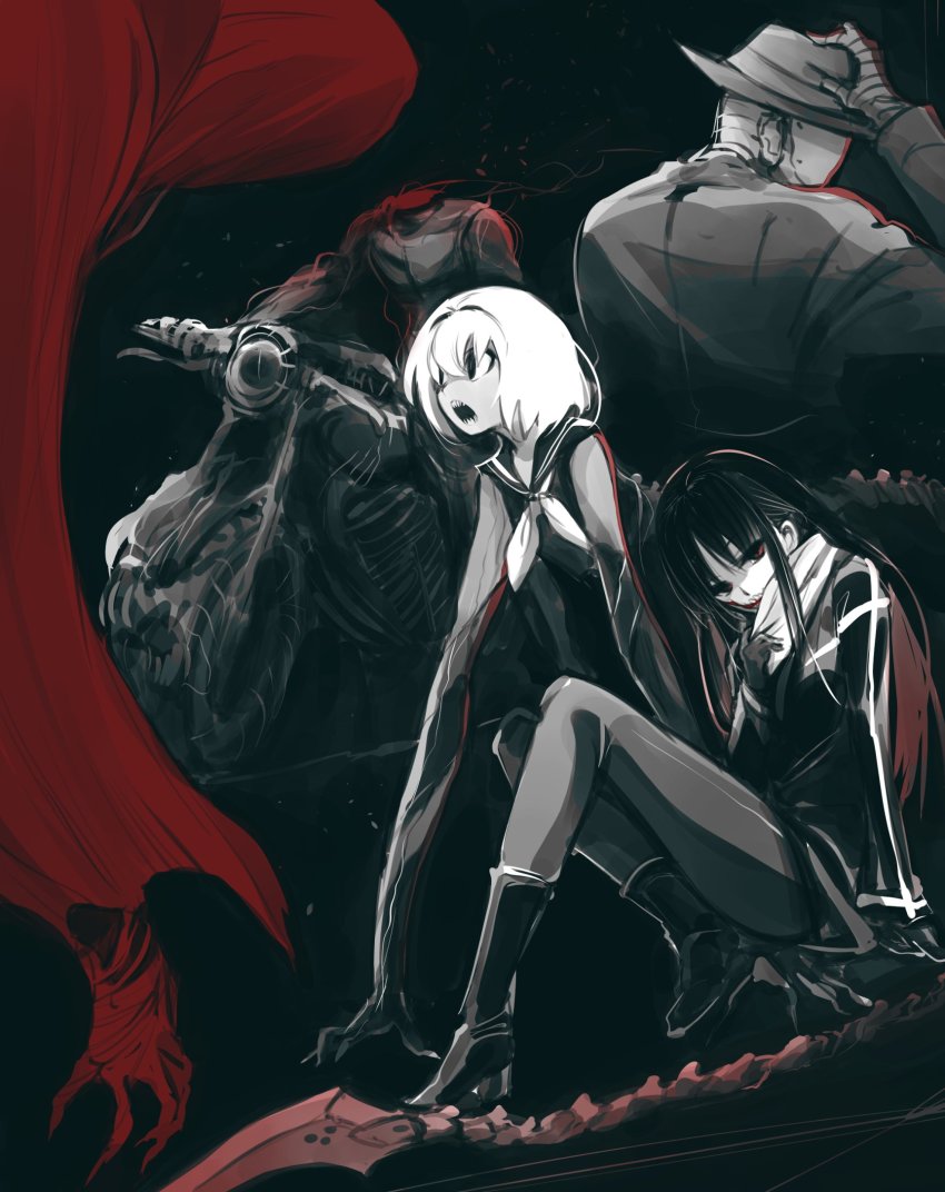 1boy, 2girls, 2others, black_theme, blade, coat, fedora, glasgow_smile