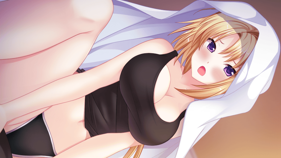 1girl, black_panties, black_tank_top, blonde_hair, blush, breasts, cleavage, ellen_aice